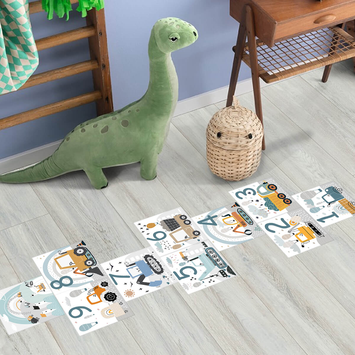 Floor Stickers of Hopscotch with Construction Vehicle Patterns and Numbers