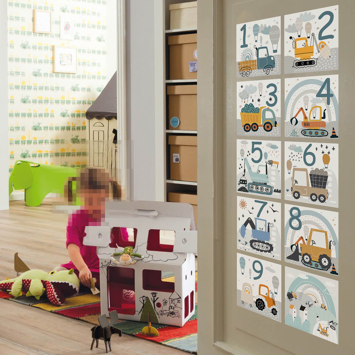 Floor Stickers of Hopscotch with Construction Vehicle Patterns and Numbers