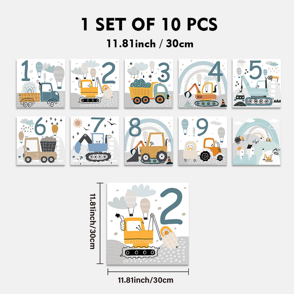 Floor Stickers of Hopscotch with Construction Vehicle Patterns and Numbers